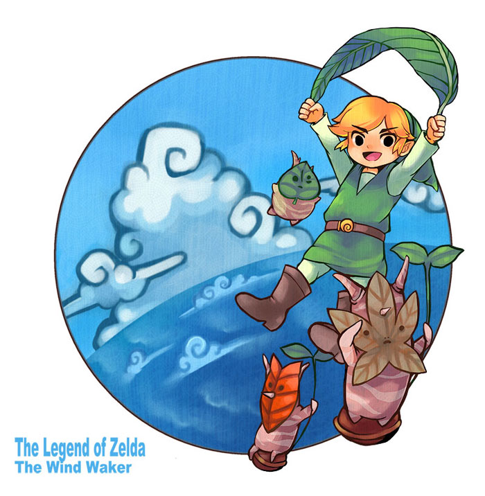 belt, blonde_hair, boots, cloud, hat, korok, leaf, link, makar, male, nintendo, olivio, revery_(artist), rown, the_legend_of_zelda, toon_link, water, wind_waker, yuzawa_risato