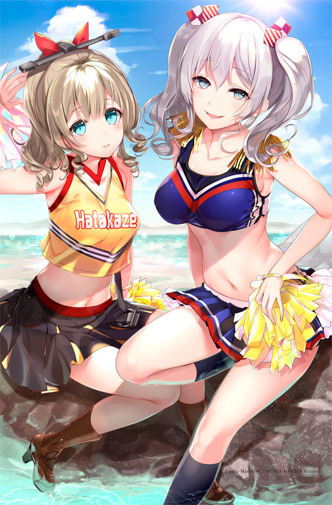 2girls, :d, alternate_costume, armpits, black_legwear, blonde_hair, blue_eyes, blue_sky