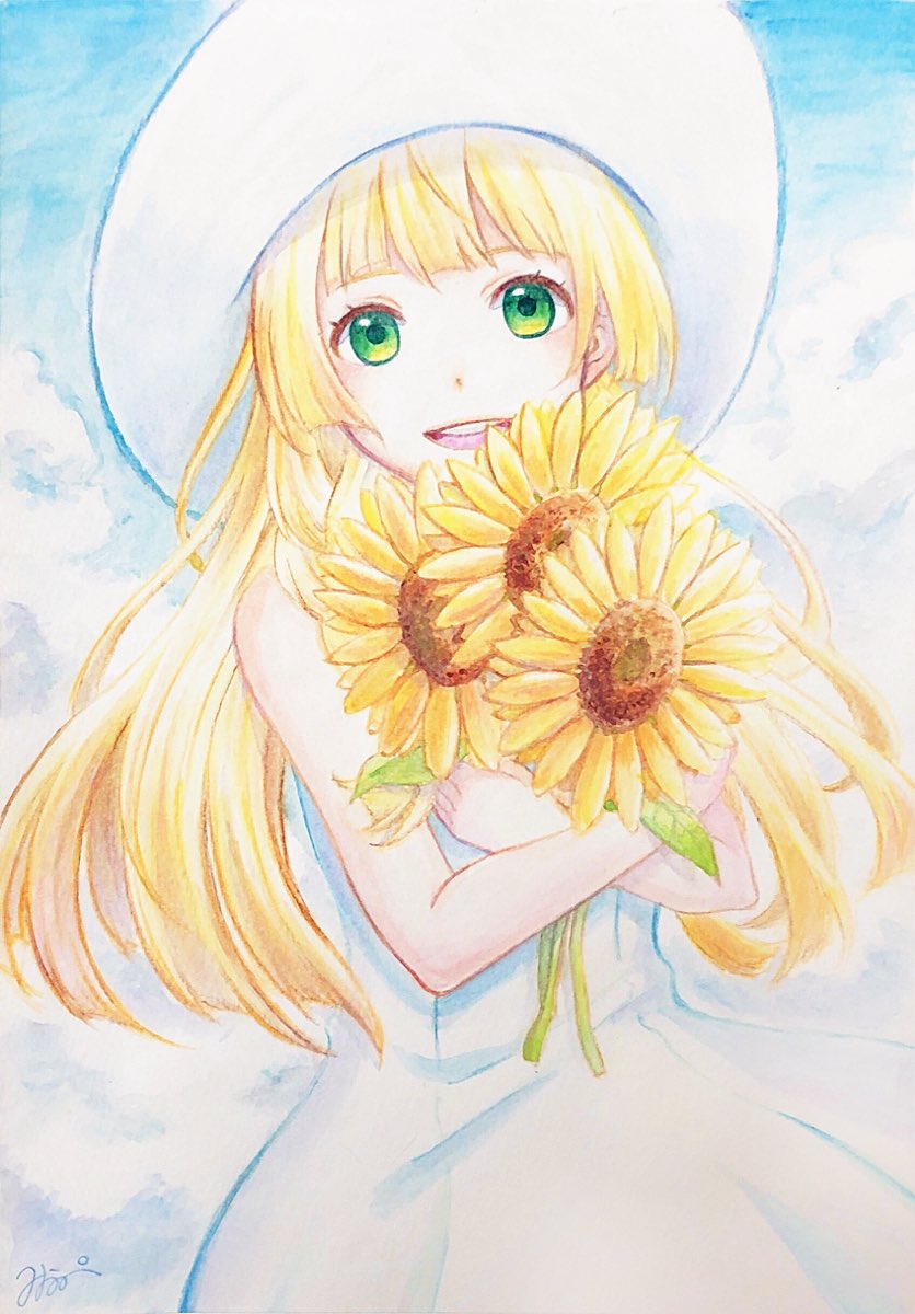 1girl, blonde_hair, braid, dress, flower, green_eyes, hat, highres