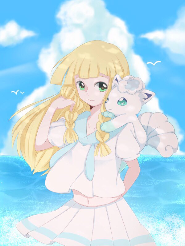 1girl, alolan_form, alolan_vulpix, blonde_hair, blue_sky, braid, closed_mouth, clouds, gen_1_pokemon, green_eyes, lillie_(pokemon), long_hair, on_shoulder, pokemon, pokemon_(creature), pokemon_(game), pokemon_on_shoulder, pokemon_sm, shirt, short_sleeves, skirt, sky, standing, twin_braids, water, white_shirt, white_skirt, yrz_oou