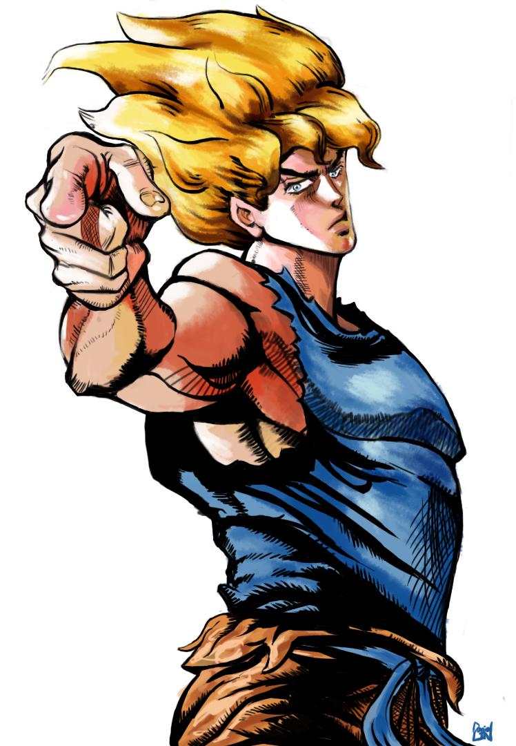 1boy, araki_hirohiko_(style), blue_eyes, blue_tank_top, closed_mouth, commentary_request, dragon_ball, dragonball_z