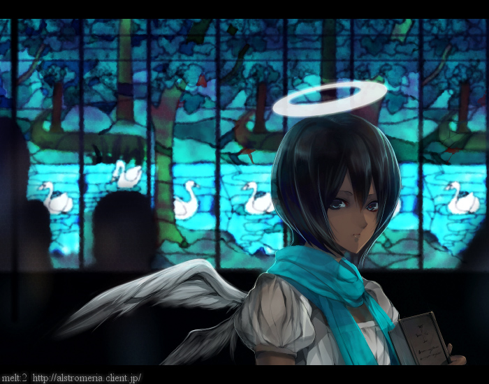 angel_wings, blue_eyes, book, halo, original, scarf, short_hair, stained_glass