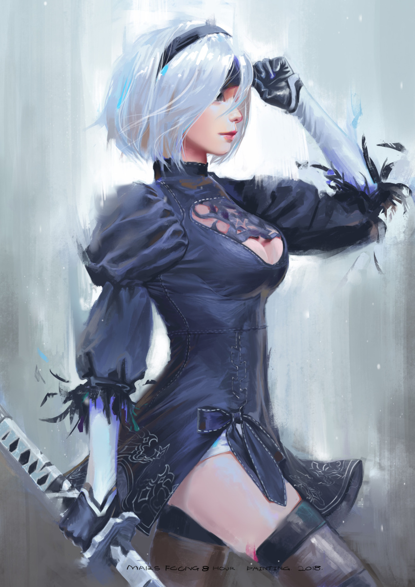 1girl, absurdres, arm_up, black_blindfold, black_dress, black_hairband, blindfold, blindfold_lift