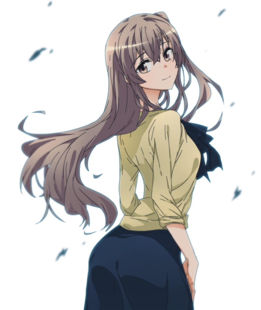 1girl, brown_eyes, brown_hair, casual, girls_frontline, highres, long_hair, looking_at_viewer, looking_back, scar, scar_across_eye, sidarim, side_ponytail, simple_background, smile, ump45_(girls_frontline)