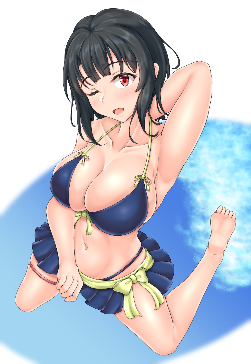 1girl, arm_behind_back, armpits, barefoot, bikini, bikini_skirt, black_hair, blue_bikini, blush, breasts, cleavage, collarbone, from_above, front-tie_bikini, front-tie_top, halterneck, hiballista, highres, kantai_collection, kneeling, large_breasts, looking_at_viewer, looking_up, navel, one_eye_closed, open_mouth, red_eyes, short_hair, skindentation, soles, solo, swimsuit, takao_(kantai_collection)