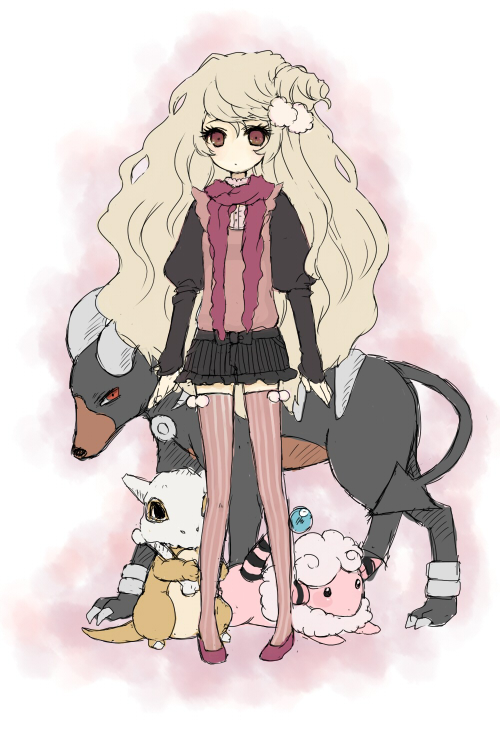 1girl, blonde_hair, brown_eyes, cubone, flaaffy, houndoom, keru, pixiv