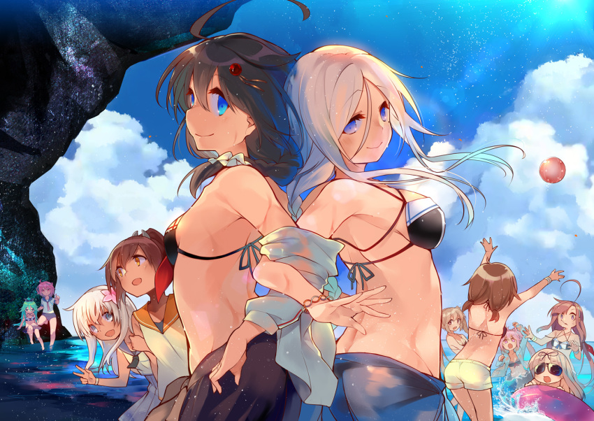 6+girls, ahoge, alternate_costume, arched_back, arm_grab, asymmetrical_bangs, back-to-back, bangs