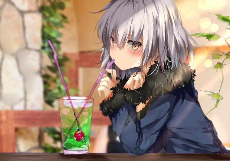 1girl, bangs, bendy_straw, blue_jacket, blurry, blurry_background, blush, brown_eyes