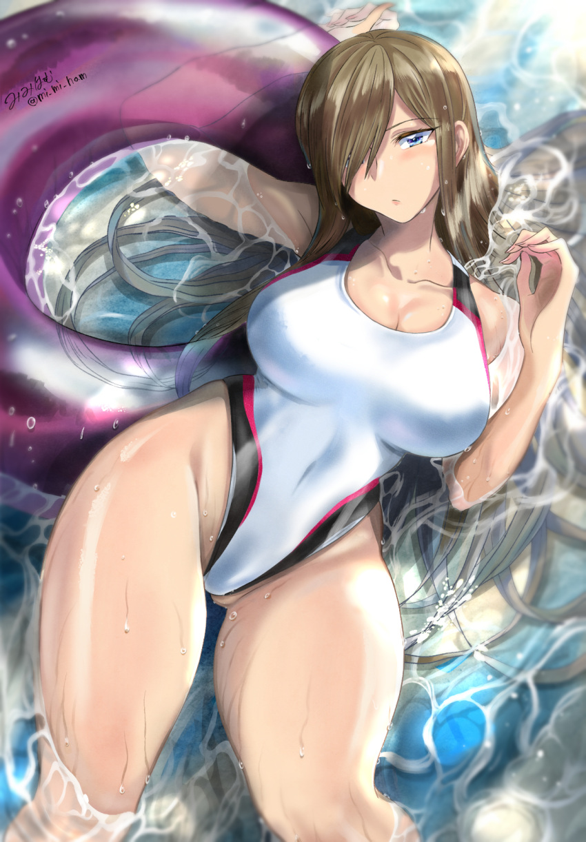 1girl, artist_name, bare_shoulders, blue_eyes, breasts, brown_hair, cleavage, collarbone, competition_swimsuit, covered_navel, fingernails, gluteal_fold, groin, hair_over_one_eye, highres, innertube, large_breasts, long_hair, looking_at_viewer, lying, mi_mi_ham, on_back, one-piece_swimsuit, partially_submerged, purple_innertube, solo, straight_hair, swimsuit, tales_of_(series), tales_of_the_abyss, tear_grants, thighs, twitter_username, very_long_hair, water, wet, white_swimsuit