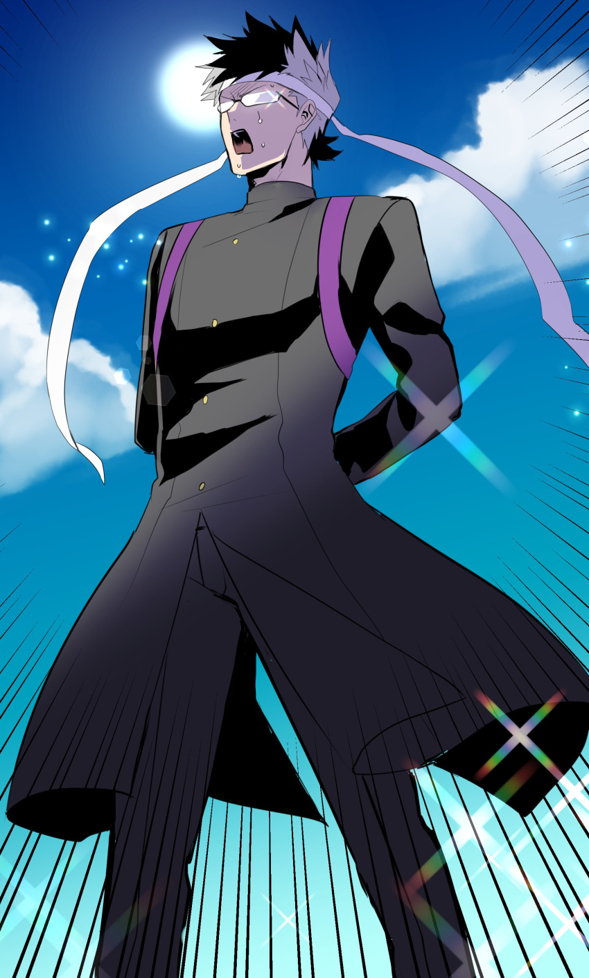 1boy, absurdres, arms_behind_back, blue_sky, cheer_for_master, clouds, ebippoid, fate/grand_order