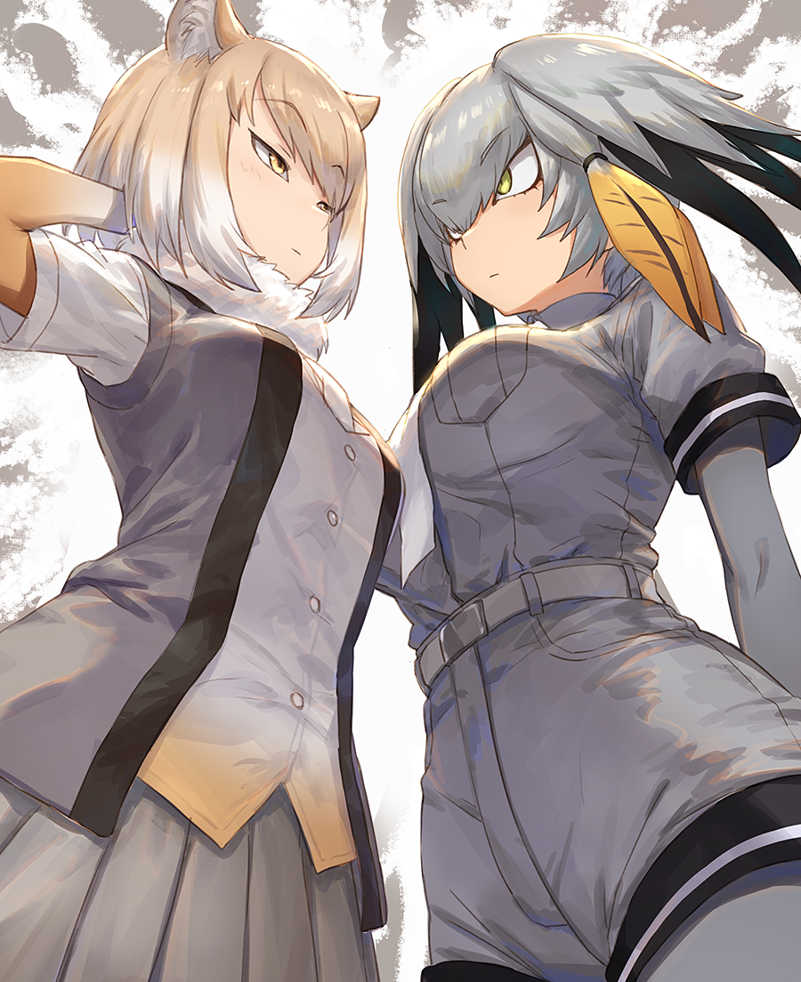 2girls, animal_costume, bangs, belt, breast_pocket, commentary_request, expressionless, eyebrows_visible_through_hair, from_below, green_eyes, grey_hair, guchico, head_wings, high-waist_shorts, kemono_friends, light_brown_hair, multiple_girls, necktie, pantyhose, pleated_skirt, pocket, shirt_tucked_in, shoebill_(kemono_friends), short_sleeves, shorts, skirt, staring, staring_contest, tibetan_sand_fox_(kemono_friends), yellow_eyes