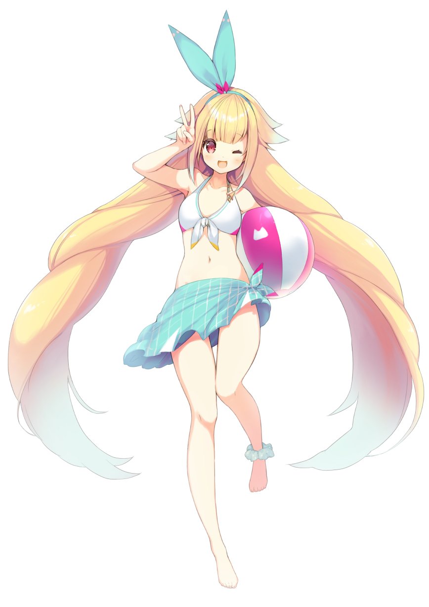 aqua_hairband, aqua_skirt, bangs, bare_shoulders, barefoot, bikini_skirt, blonde_hair, blunt_bangs