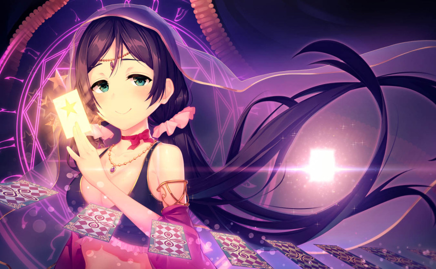 1girl, blush, breasts, card, choker, cleavage, crop_top, floating_hair