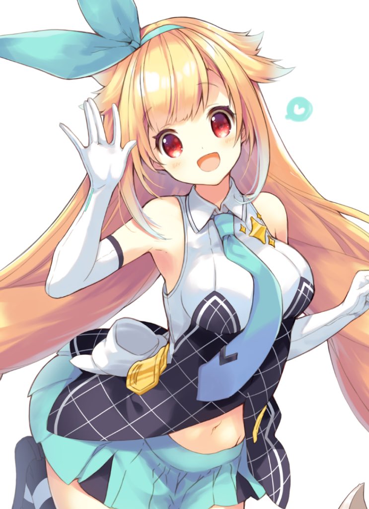 1girl, aqua_hairband, aqua_skirt, bangs, bare_shoulders, blue_neckwear, blunt_bangs, blush