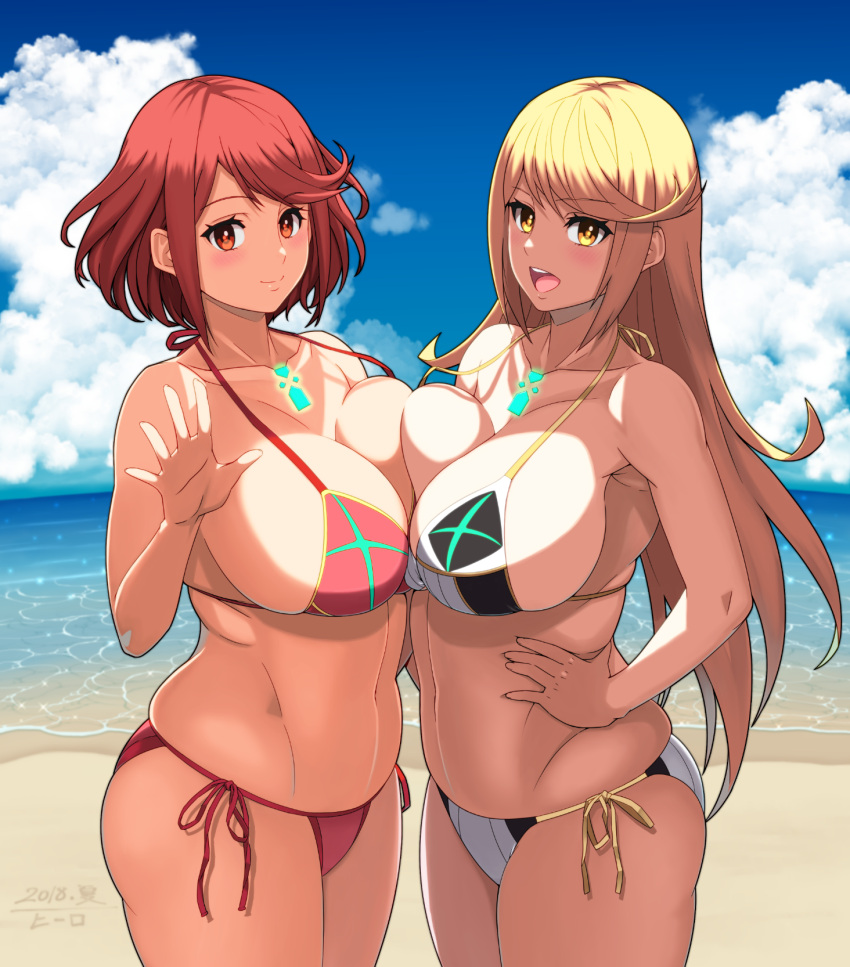 2girls, arm_up, beach, bikini, blonde_hair, blood, blush, breast_press