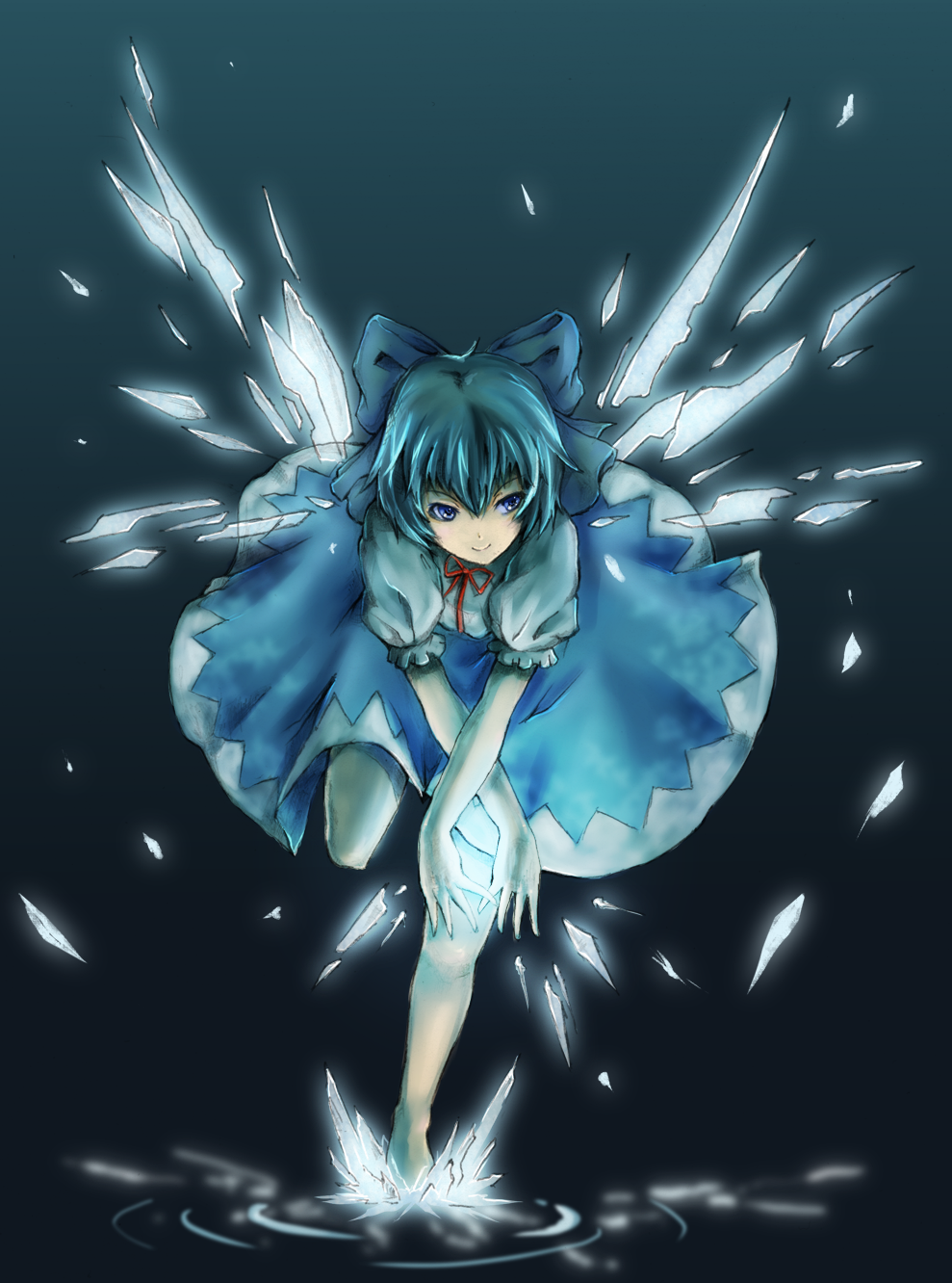 blue_hair, cirno, crost, element_bender, hands, highres, ice, kurosuto, ribbon, ribbons, short_hair, touhou, wings