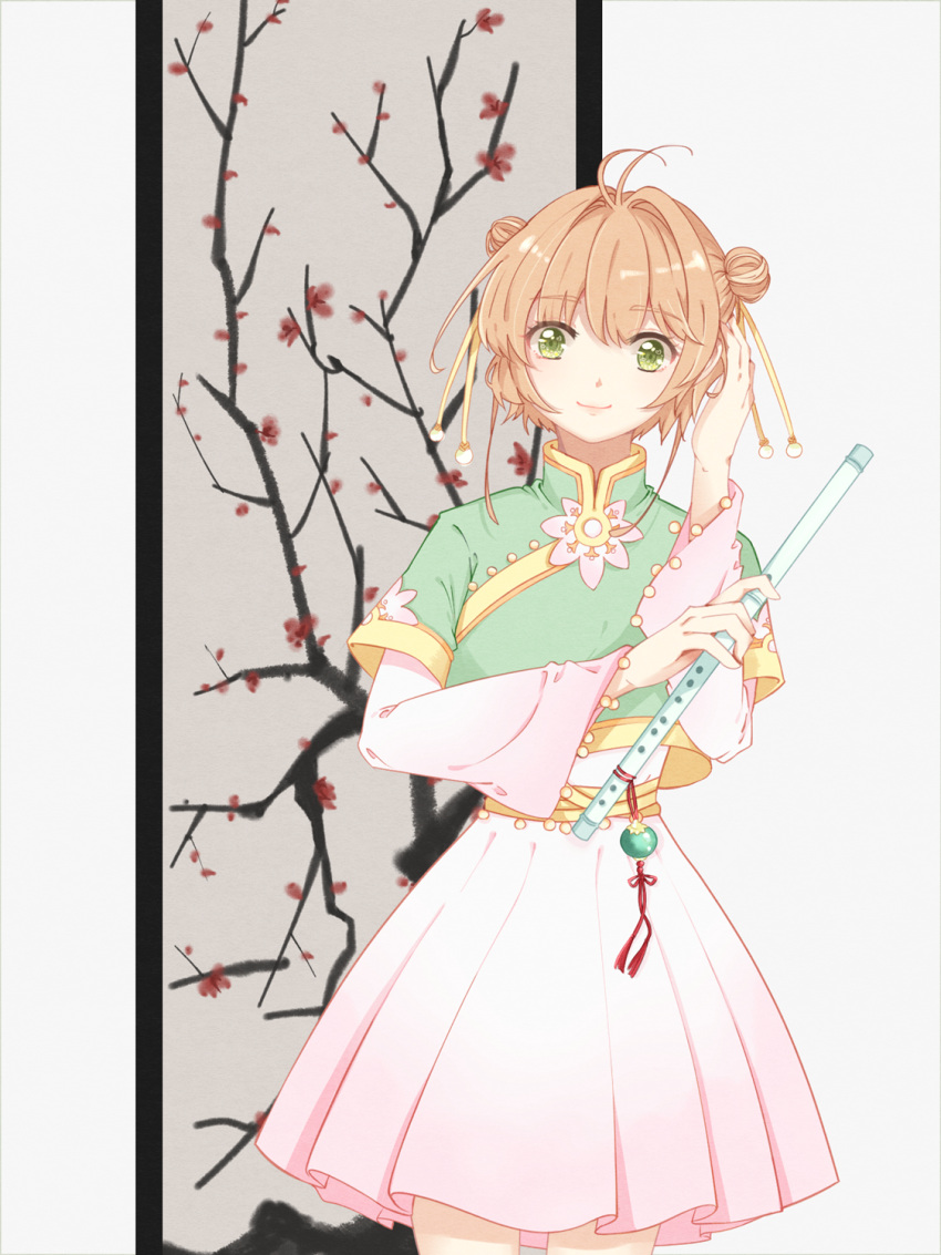 1girl, antenna_hair, brown_hair, card_captor_sakura, cowboy_shot, double_bun, dress, eyebrows_visible_through_hair, green_eyes, hand_in_hair, highres, holding, holding_instrument, instrument, kinomoto_sakura, looking_at_viewer, pleated_dress, short_dress, short_hair_with_long_locks, sidelocks, smile, solo, standing, white_dress, ying_weiyu