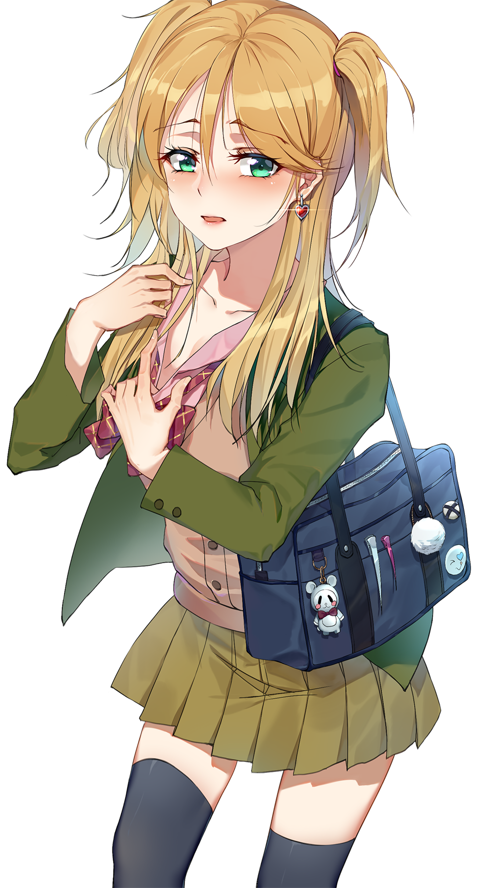 1girl, aihara_yuzu, bag, black_legwear, blazer, blonde_hair, blush, bow