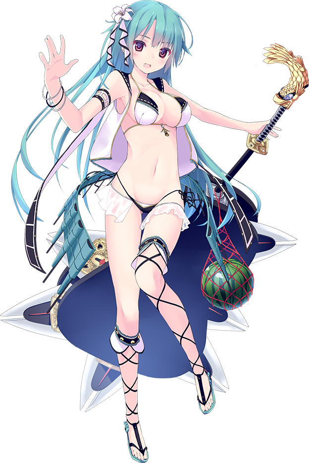 1girl, :d, akesaka_iku, alternate_costume, aqua_hair, bikini, breasts, cleavage, flower, food, fruit, full_body, hair_flower, hair_ornament, holding, holding_weapon, large_breasts, looking_at_viewer, midriff, nagoya_(oshiro_project), navel, official_art, open_mouth, oshiro_project, oshiro_project_re, sleeveless, smile, swimsuit, transparent_background, violet_eyes, watermelon, weapon