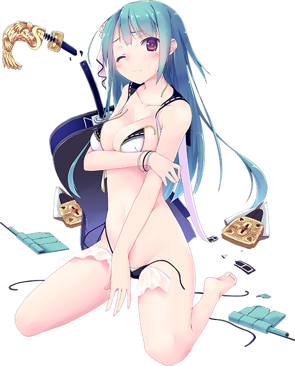 1girl, akesaka_iku, alternate_costume, aqua_hair, between_legs, bikini, breast_lift, breasts