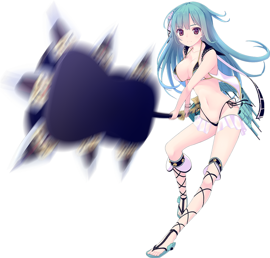 1girl, akesaka_iku, alternate_costume, aqua_hair, bikini, breasts, cleavage, holding