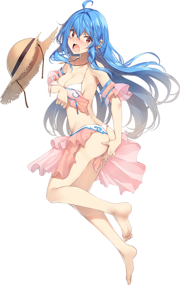 1girl, :o, ahoge, ass, bare_shoulders, barefoot, bikini, blue_hair
