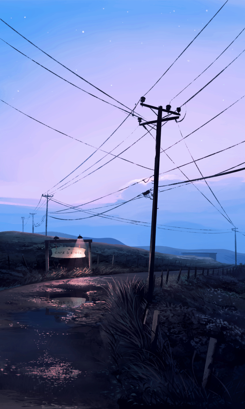 absurdres, clouds, cloudy_sky, danfango, fence, highres, landscape, night
