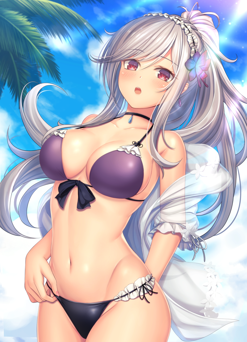 1girl, azur_lane, bikini, black_bikini_bottom, black_choker, blue_sky, blush, breasts