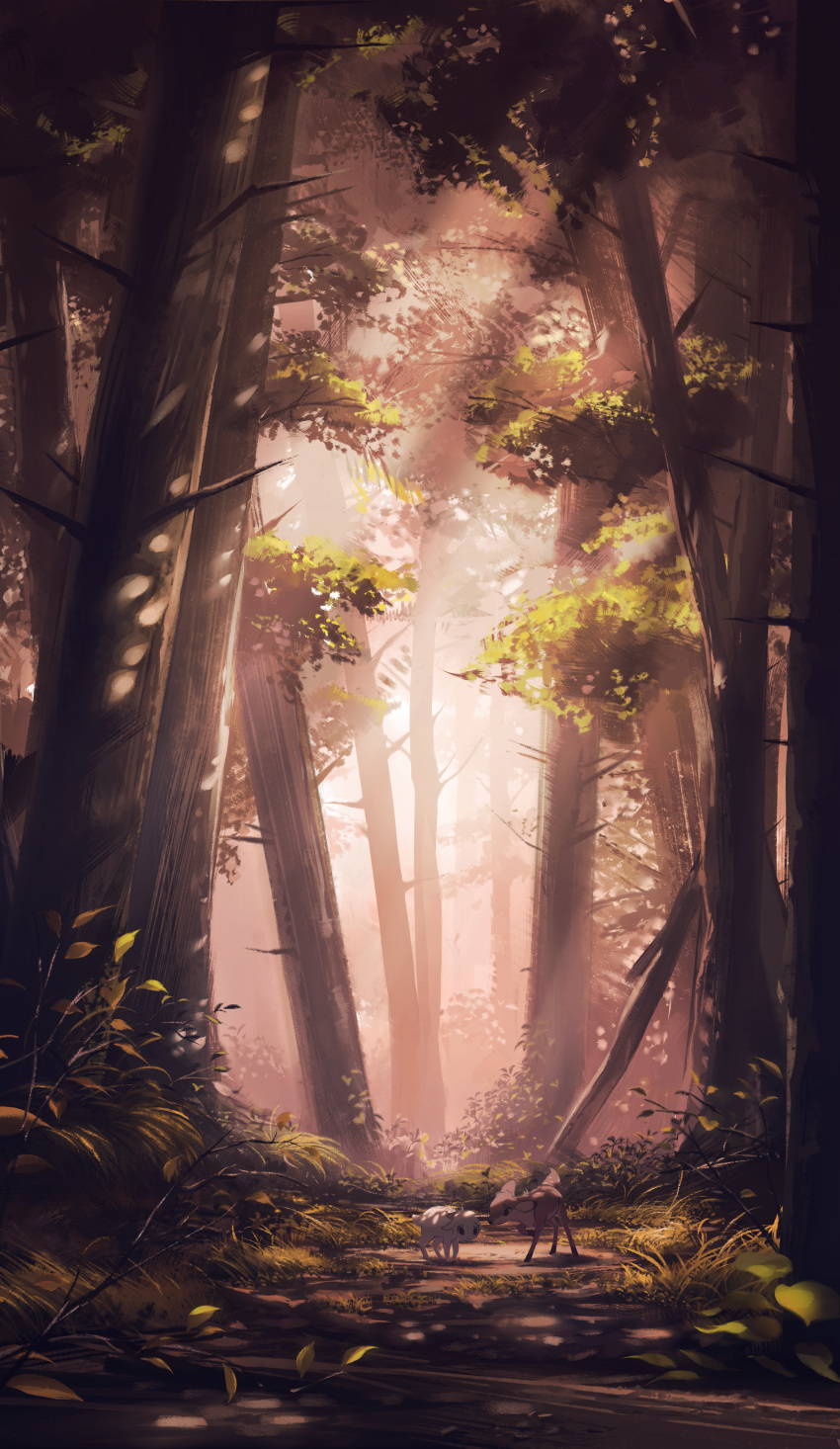 absurdres, danfango, day, deer, forest, goat, grass, highres