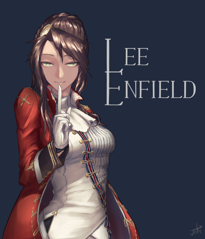 1girl, ascot, bangs, blue_background, blush, braid, breasts, brown_hair