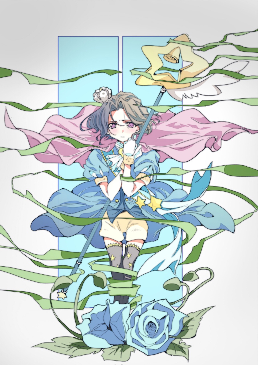 1boy, black_hair, black_legwear, blue_flower, blue_rose, cape, closed_mouth, crown, floating_hair, flower, gloves, green_ribbon, highres, idolmaster, idolmaster_side-m, legs_together, magical_boy, male_focus, mini_crown, okamura_nao, puffy_short_sleeves, puffy_sleeves, ribbon, rose, samejima_tadayoshi, short_sleeves, shorts, staff, star, star_print, thigh-highs, violet_eyes, white_gloves