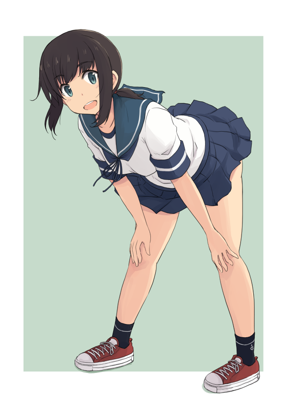 1girl, black_hair, blue_sailor_collar, blue_skirt, fubuki_(kantai_collection), full_body, green_eyes, hands_on_own_knees