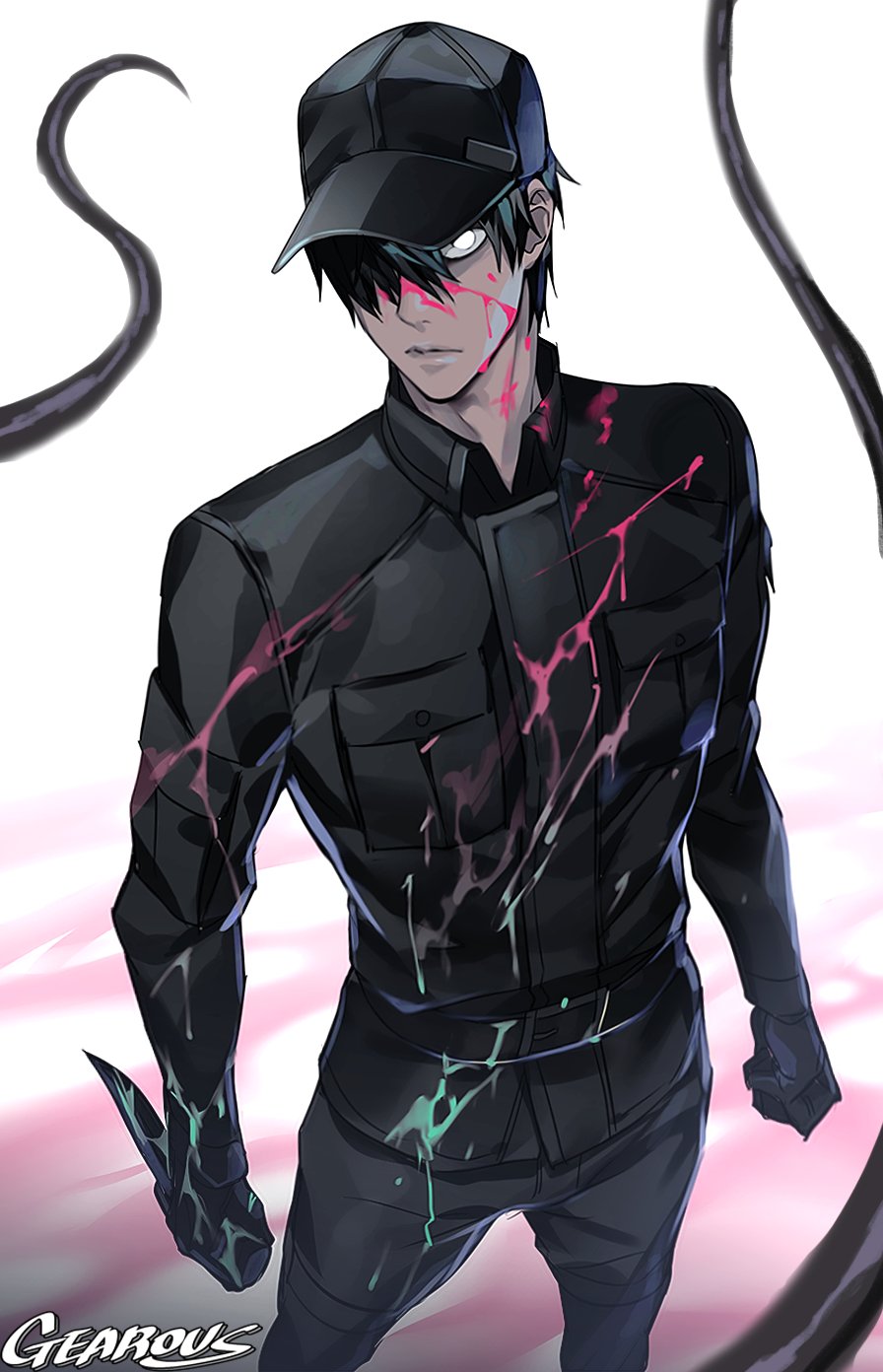 1boy, alternate_color, alternate_eye_color, alternate_hair_color, aqua_blood, artist_name, baseball_cap, belt, black_gloves, black_hair, black_hat, black_pants, black_shirt, blood, blood_on_face, blood_splatter, bloody_clothes, bloody_weapon, commentary, dark_skin, dark_skinned_male, gearous, gloves, hair_over_one_eye, hat, hataraku_saibou, highres, long_sleeves, looking_at_viewer, pants, pink_blood, shaded_face, shirt, splashing, tentacle, u-1146, weapon, white_blood_cell_(hataraku_saibou)