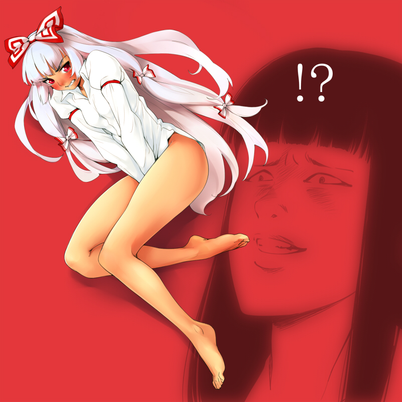 !, ?, bare_legs, barefoot, blush, bottomless, covering, feet, fujiwara_no_mokou, houraisan_kaguya, ichijou_takemaru, kaze_densetsu_bukkomi_no_taku, long_hair, no_panties, parody, tears, touhou, very_long_hair, yurikawa