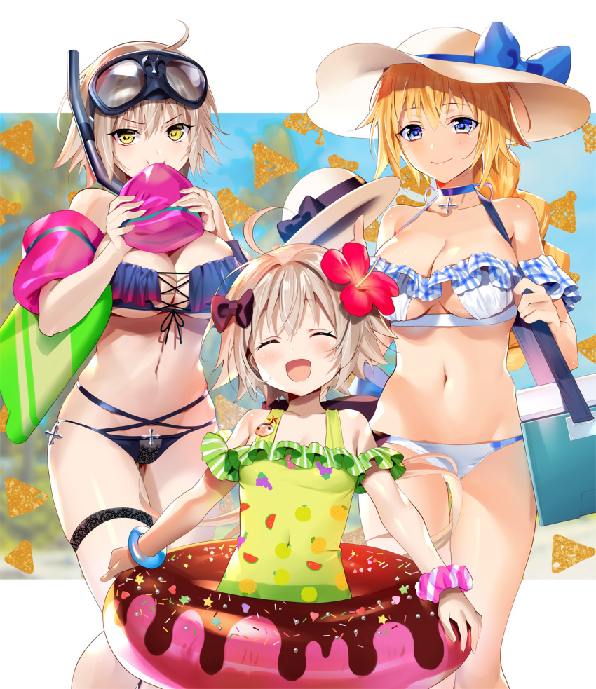 3girls, :d, ^_^, ahoge, bangs, bare_shoulders, bikini, black_bikini