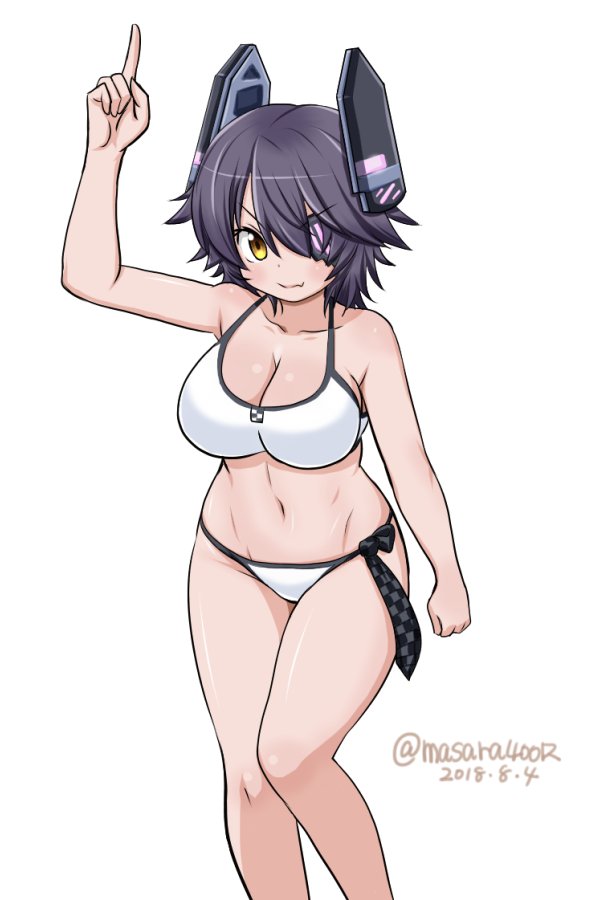 1girl, bikini, breasts, checkered, checkered_neckwear, dated, eyepatch, feet_out_of_frame