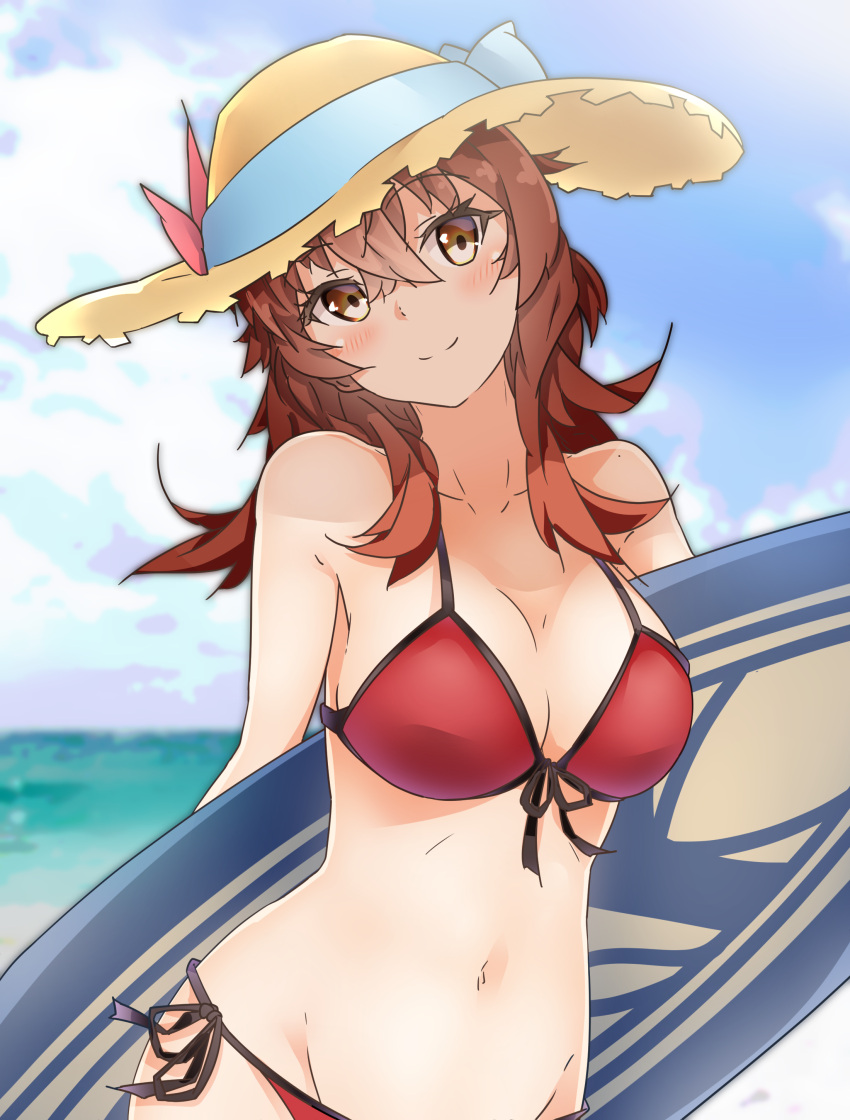 1girl, absurdres, alternate_breast_size, arashi_(kantai_collection), beach, bikini, blush, breasts