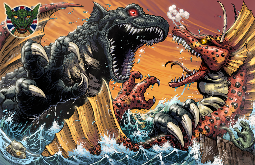 claws, creature_from_the_black_lagoon, crossover, dinosaurs, godzilla_(series), gorgo's_mother, head_fins, iguanodon, kaiju_samurai, kaijuu, london, monster, no_humans, open_mouth, scales, sharp_teeth, tail, teeth, the_gill_man, titanosaurus_(godzilla), tokusatsu, water