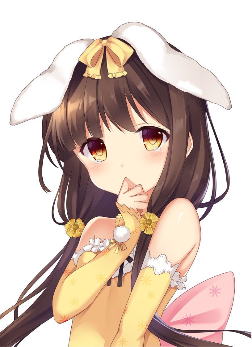 1girl, aimu_(ai_mu3), animal_ears, back_bow, bare_shoulders, bow, brown_hair, covering_mouth