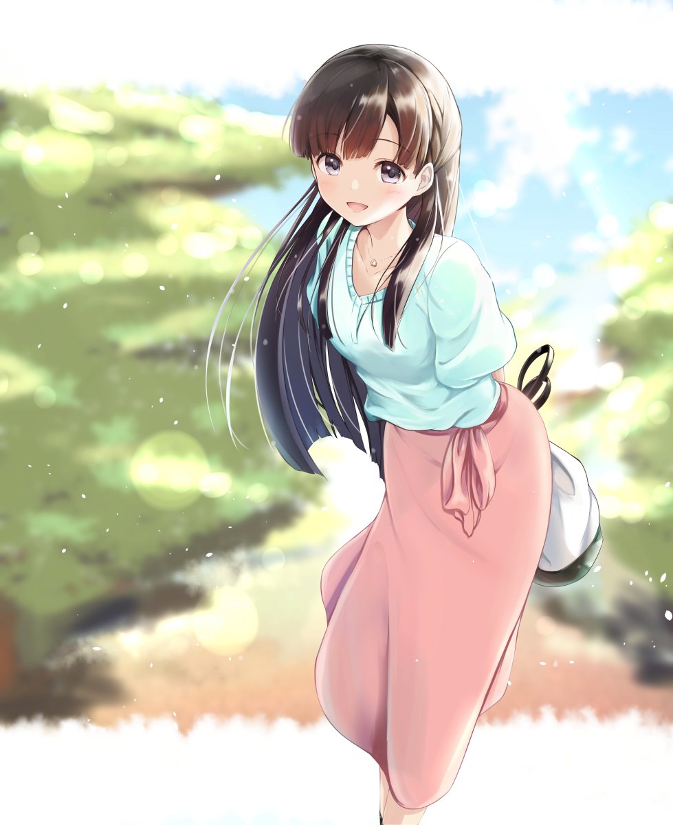 1girl, akisaka_yamoka, arms_behind_back, bag, bangs, black_hair, blouse, blunt_bangs