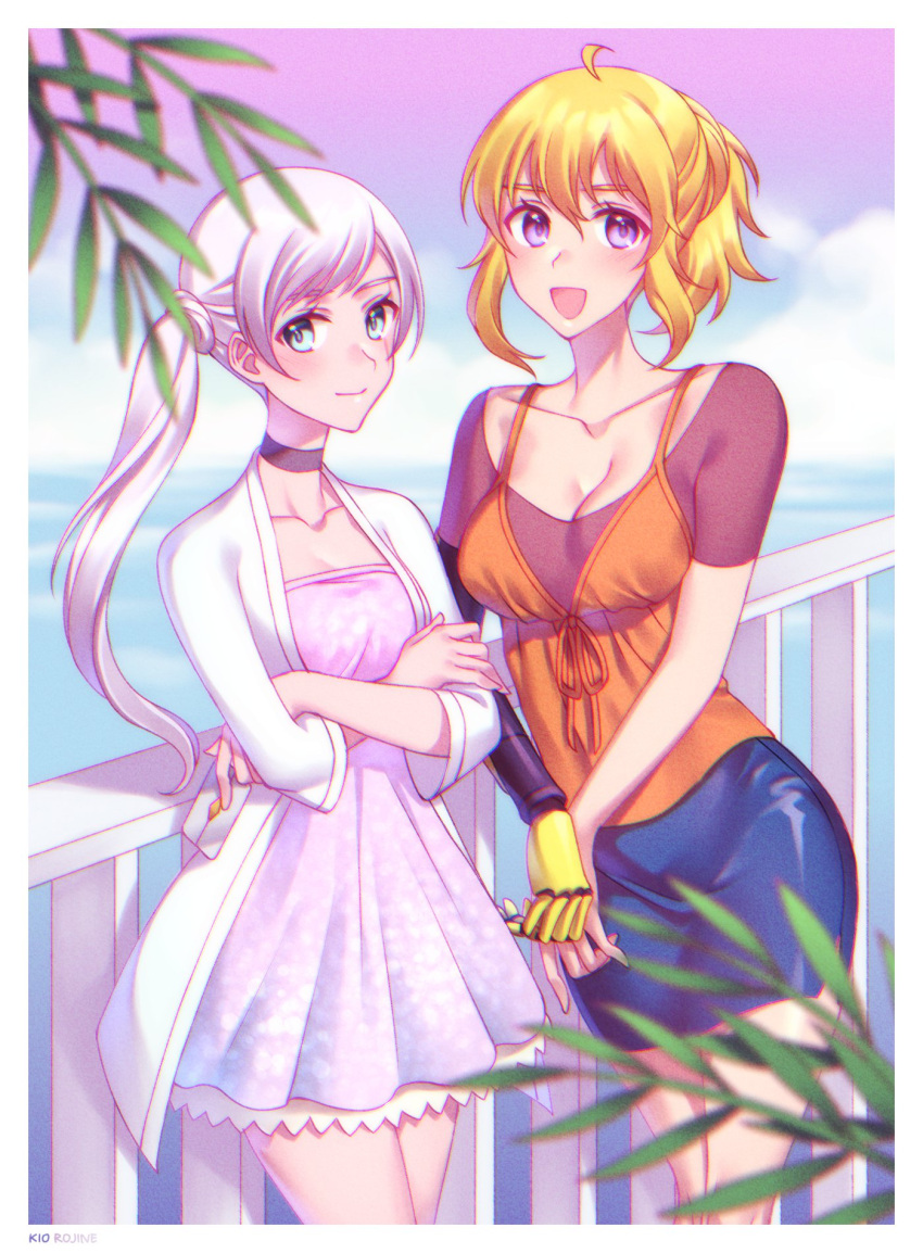 2girls, beach, blonde_hair, blue_eyes, breasts, card, cleavage, commentary_request