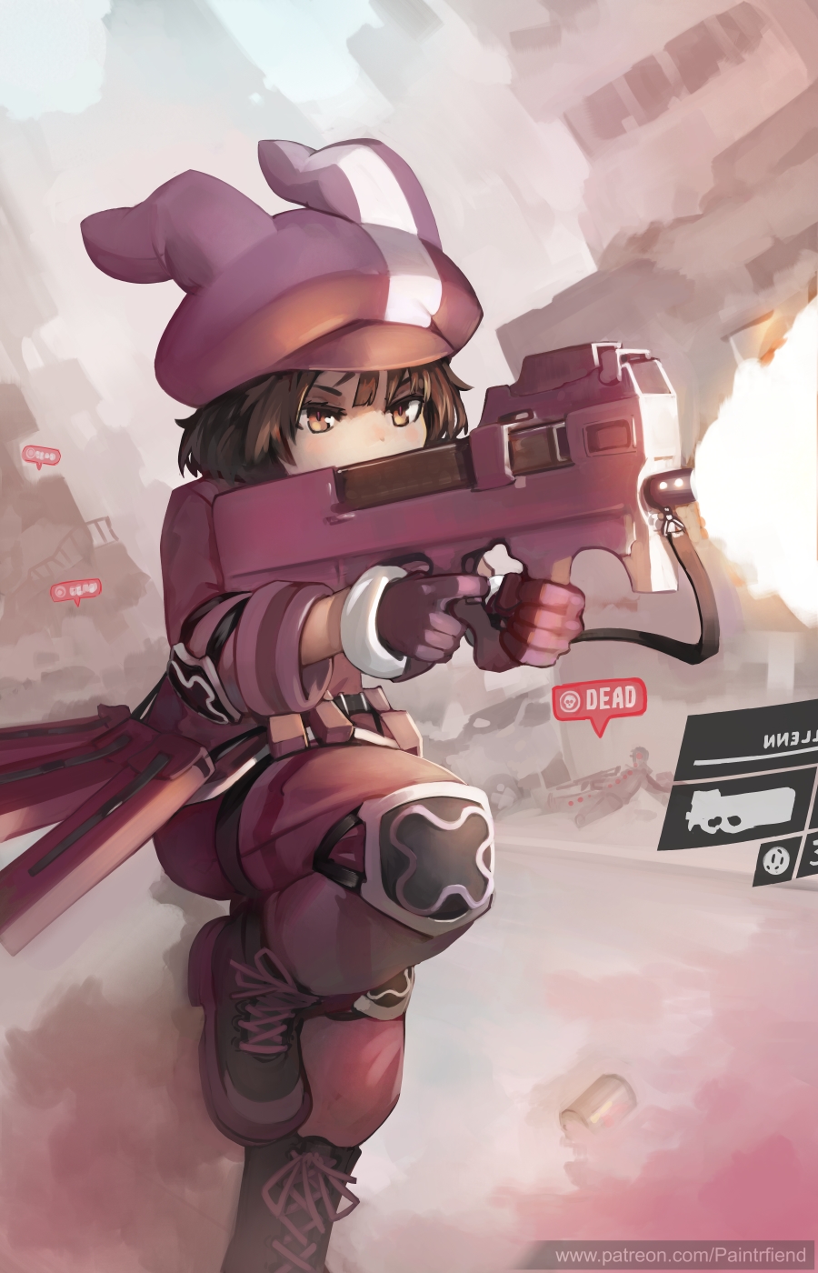1girl, animal_hat, brown_hair, bullpup, gloves, gun, hat, highres, holding, holding_gun, holding_weapon, llenn_(sao), p-chan_(p-90), p90, paintrfiend, patreon_username, pink_gloves, pink_hat, running, short_hair, solo, submachine_gun, sword_art_online, sword_art_online_alternative:_gun_gale_online, watermark, weapon, web_address