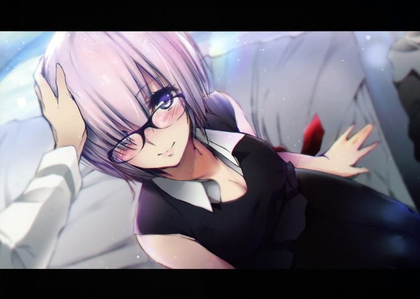 1girl, absurdres, bed, bed_sheet, black-framed_eyewear, black_dress, black_legwear, blush