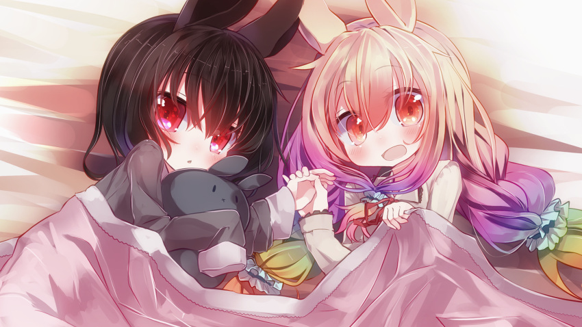 2girls, animal_ears, bed, black_hair, blanket, blush, braid, commentary_request