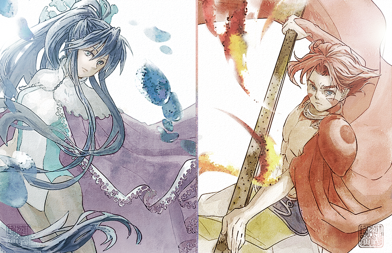 1boy, 1girl, abs, bangs, bare_chest, blue_eyes, breasts, brother_and_sister