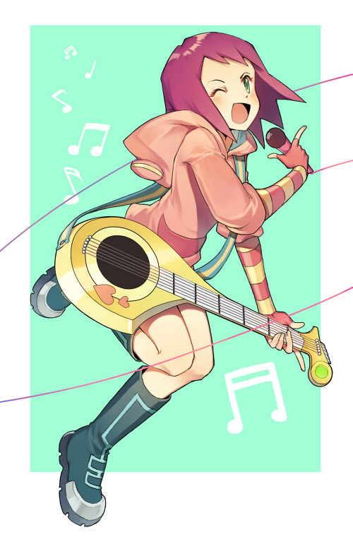 1girl, blue_background, blush, boots, capcom, elbow_gloves, female, fingerless_gloves, full_body, gloves, green_eyes, guitar, heart, hibiki_misora, holding, holding_instrument, holding_microphone, hood, hood_down, hoodie, instrument, leg_up, microphone, modela_(baka_x_orange), music, musical_note, one_eye_closed, open_mouth, purple_hair, rockman, ryuusei_no_rockman, short_hair, shorts, singing, solo, striped, striped_gloves