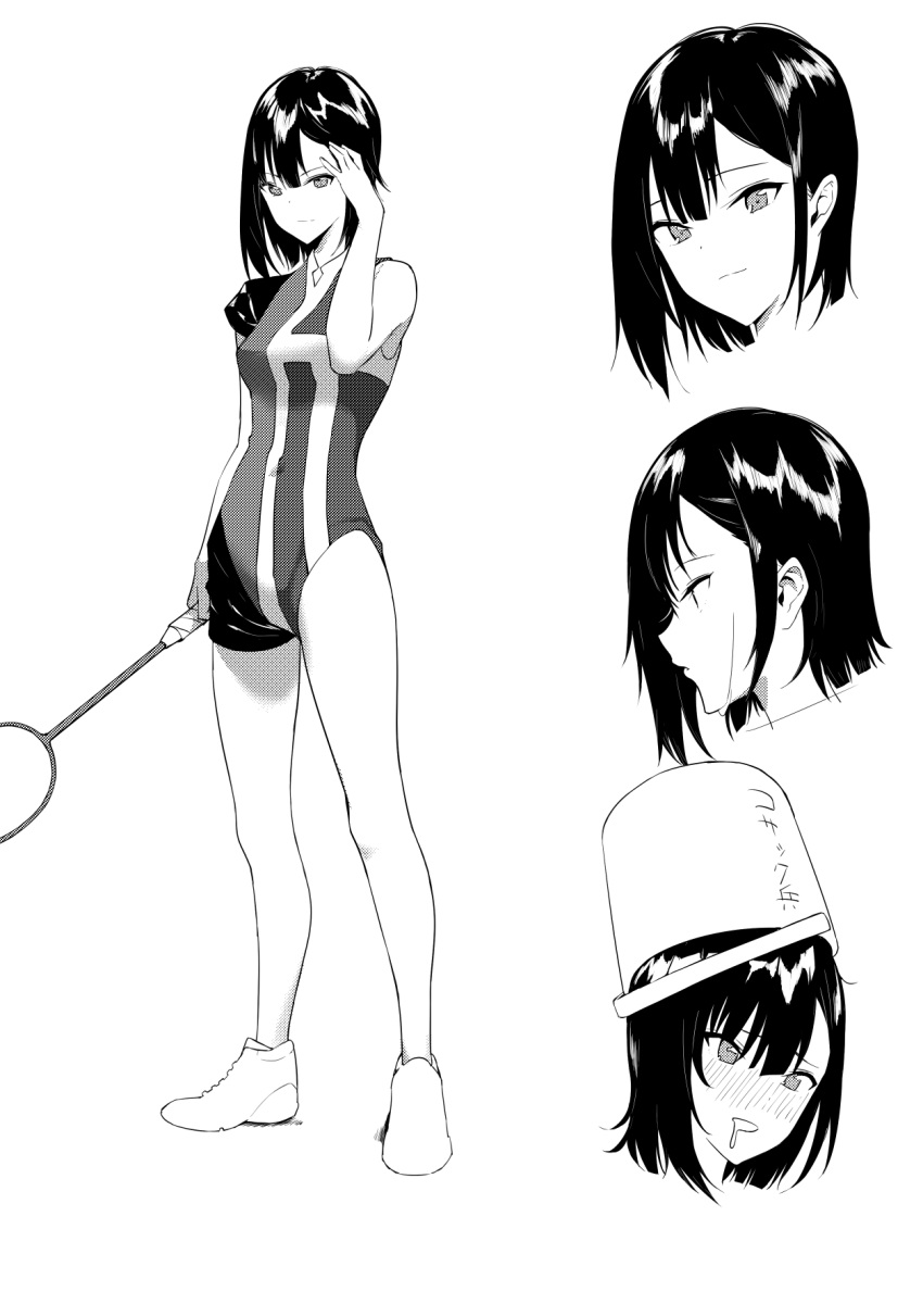 1girl, aoreyo, asymmetrical_clothes, badminton, badminton_racket, black_hair, blush, bucket