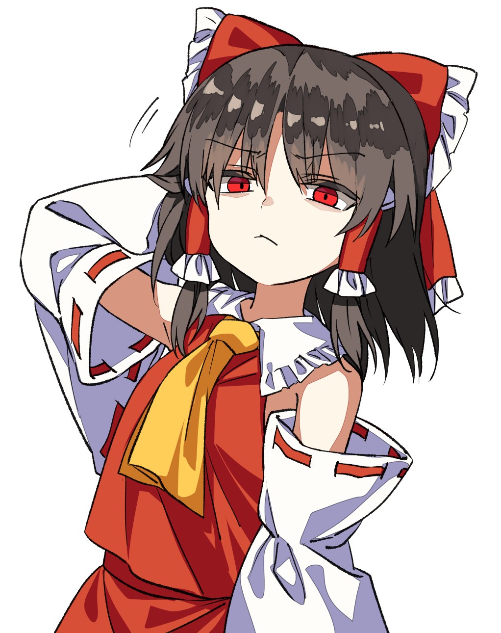 1girl, :<, annoyed, arm_at_side, arm_behind_head, arm_up, armpit_peek, ascot