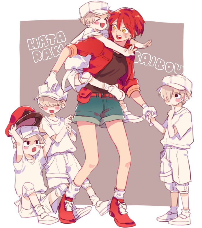 >o<, 1girl, 4boys, ae-3803, baseball_cap, belt, beret, black_shirt
