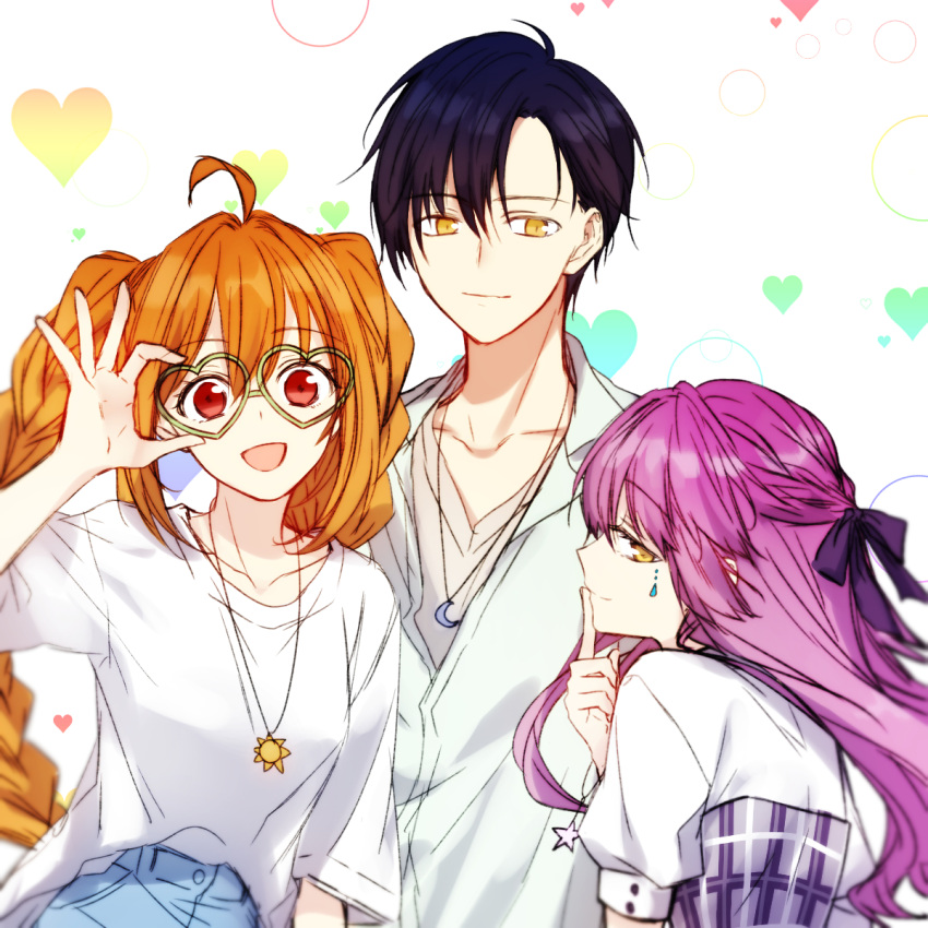 1boy, 2girls, adjusting_eyewear, ahoge, alternate_costume, alternate_hairstyle, black_hair, braid